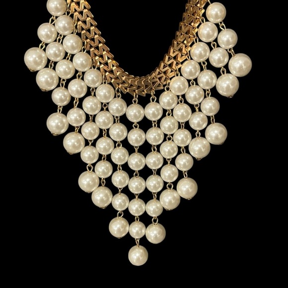 Gold Tone 2 Broke Girls Style Chevron Faux Pearl Choker Necklace - Picture 3 of 14